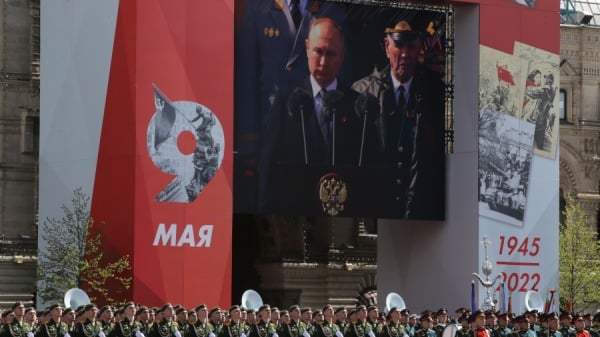 2022年5月9日在俄羅斯莫斯科紅場舉行的勝利日閱兵式期間，俄羅斯總統普京（Vladimir Putin）在屏幕上講話。