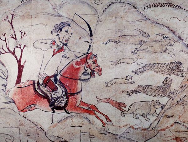 南北朝时期的北齐政权由东魏权臣高欢的次子高洋于550年建立。图为九原岗北朝壁画墓中的狩猎图壁画。