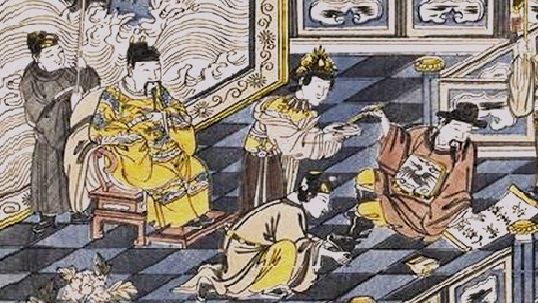高力士为李白脱靴，杨贵妃为李白研墨。