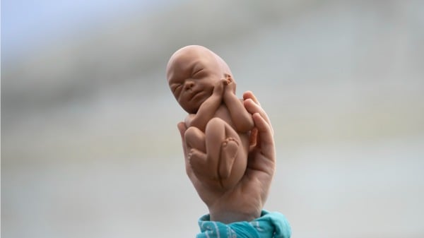 2021年11月1日，一名反墮胎示威者在美國最高法院外舉起一個胎兒娃娃,呼籲保護胎兒生命。（圖片來源： Drew Angerer/Getty Images）