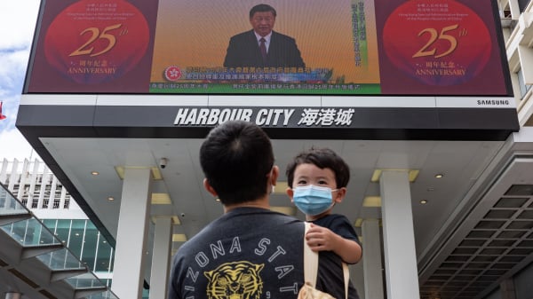 2022年7月1日，中共总书记习近平访问香港期间，在第六届特区政府就职典礼上讲话。（图片来源：Anthony Kwan/Getty Images ）