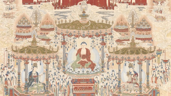 传说“天王补心丹”是佛教护法天王传给人间高僧的。清代乾隆御制赞缂丝极乐世界图。