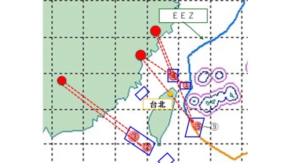 4日，日本防卫省公布的中国军方飞弹扰台路径，其中有4枚直接穿越台湾领空，经过了大台北地区，另有5枚掉入日本专属经济海域（EEZ）。