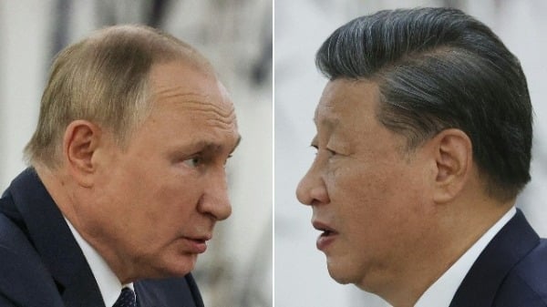 2022年9月15日，普京和习近平在撒马尔罕上海合作组织 (SCO) 领导人峰会期间的会晤。（图片来源：ALEXANDR DEMYANCHUK/SPUTNIK/AFP via Getty Images）