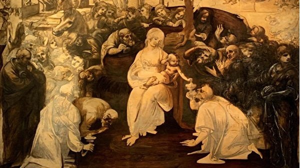 达文西作品《三贤士的朝拜》（Adoration of the Magi，又译为《贤士来朝》、《三王朝圣》等）局部，1481─82，未完成；油画于木板，246x243cm；佛罗伦斯乌菲兹美术馆。