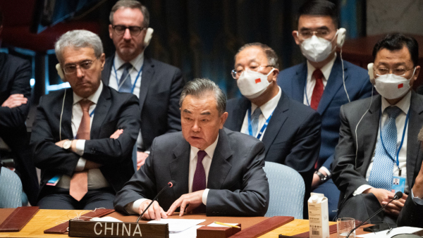 2022年9月22日，中共外交部长王毅在纽约联合国安理会乌克兰问题会议上。