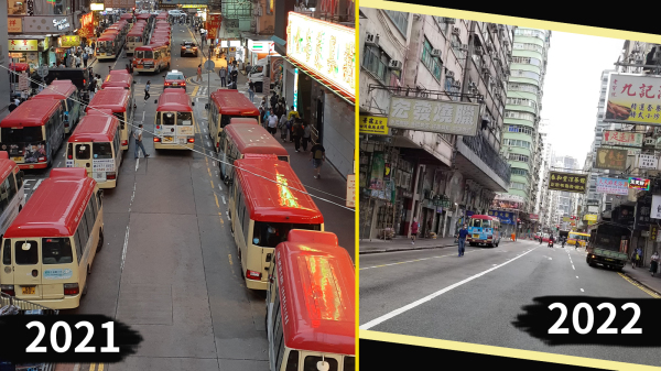 香港旺角通菜街2021、2022年对比。（图片来源：看中国合成图片）