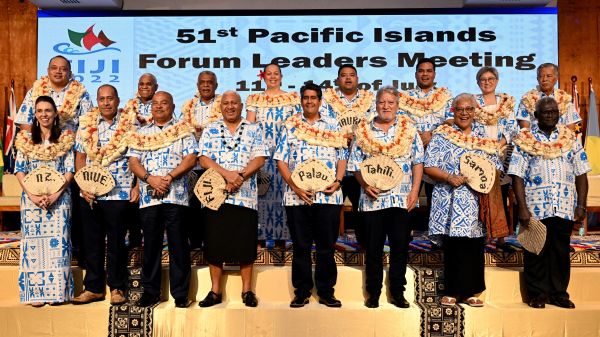 2022年7月12日，參加太平洋島國論壇(PIF)的各國領導人合影。