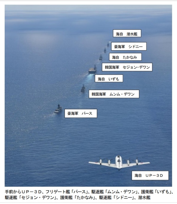日本公布了「2022年印太部署」演習照，自前到後為獵戶座海上巡邏機、澳洲珀斯號巡洋艦、韓國文武大王號驅逐艦、日本出雲號護衛艦、韓國世宗大帝號導彈驅逐艦、日本高波號驅逐艦及澳洲雪梨號巡洋艦等。