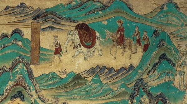 盛唐时期绘成的第103窟壁画一隅，描绘唐僧玄奘由天竺取经后，东返长安途中的情景。