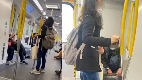 一名女子在港铁车厢疑似拿出检测棒，并涂抹在多个扶手上。（图片来源：大埔TAI PO@FB）