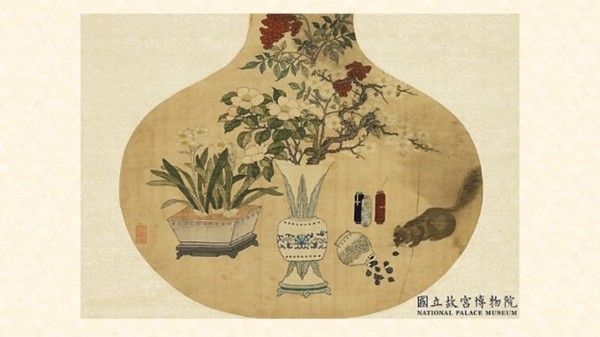 典型岁朝清供图，主体青花觚型瓷瓶，内插梅、山茶、天竺，旁置水仙盆栽
