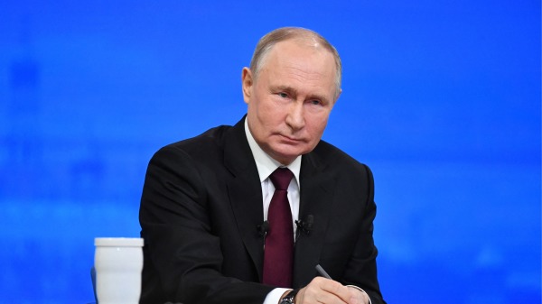 2023年12月14日，俄罗斯总统普京在莫斯科Gostiny Dvor展览馆举行年终新闻发布会。