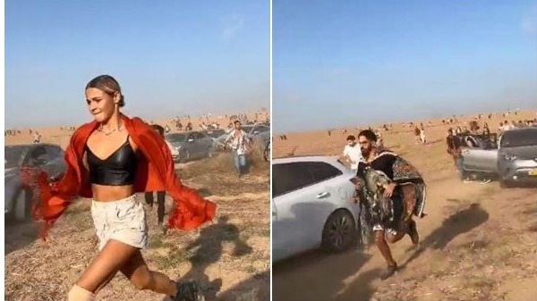 以色列一場音樂節遭哈瑪斯襲擊，影片中一名「紅衣女子」奔跑的身影震驚全球。（圖片來源：X）
