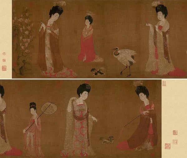 周昉《簪花仕女圖》描繪唐代或五代十國時期的宮廷嬪妃，分成「戲犬」、「慢步」、「看花」、「採花」四部分。