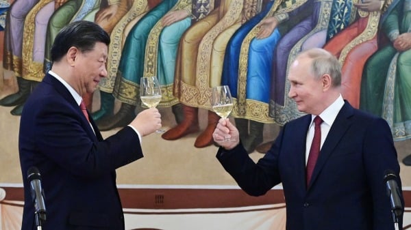 3月21日，普京和習近平在莫斯科克里姆林宮會談後舉行的新聞媒體記者會上。