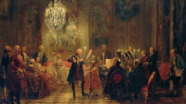 阿道夫‧馮‧門采爾油畫〈腓特烈大帝在無憂宮演奏長笛〉。吹笛者為腓特烈大帝，彈琴者為C.P.E. 巴哈