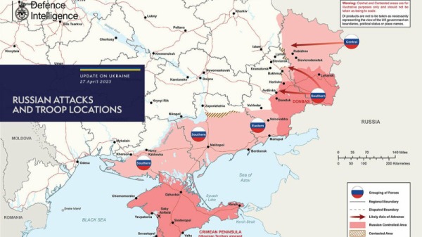 英國國防部在4月27日繪製最新烏克蘭情勢圖。