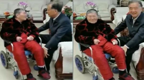 中共前全国政协主席汪洋2023年3月退休后，照顾母亲画面曝光。（图片来源：视频截图）