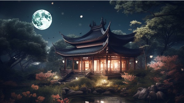 夜色 月色 月亮 建築 森林 奇幻 593042387