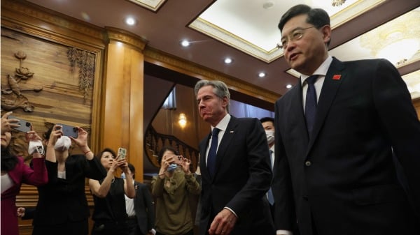2023年6月18日，美國國務卿布林肯和中共外長秦剛在北京會面。(LEAH MILLIS/POOL/AFP via Getty Images)
