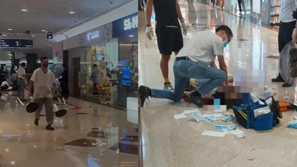 (Left photo) A brave citizen took out two stools to stop the assailant. After the police arrived, the citizen left quietly.  (Picture on the right) Several citizens stepped forward to do chest compressions for the two women who were attacked.  (Image source: Watch China Synthesis)