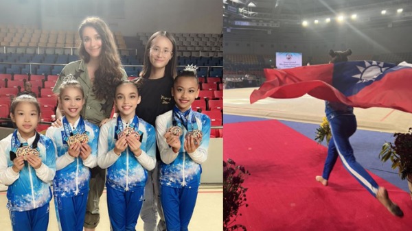 瑞莎（后排左）带台湾韵律体操选手到菲律宾比赛，获得12金。台湾小选手们披着青天白日满地红的国旗上台领奖，感动无数网友。