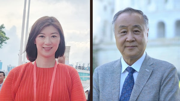 图为香港实业家袁弓夷（右）与儿媳妇容海恩（左）。（图片来源：看中国合成）