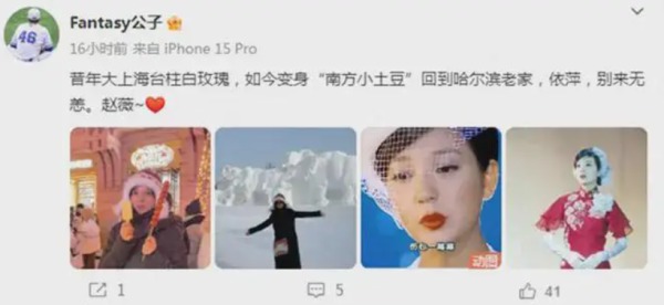 网友在微博晒出“小燕子”赵薇的最新照片，意外曝光了赵微在哈尔滨玩的素颜照。