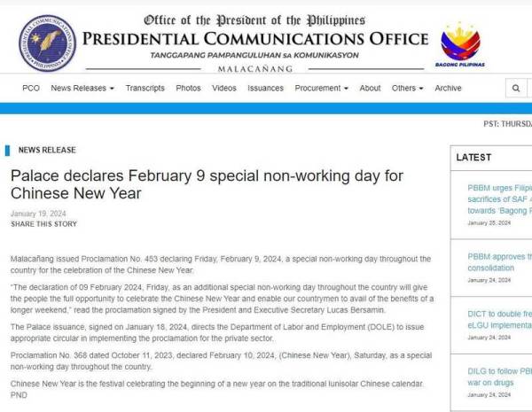菲律賓總統府於官網發布消息，指定2024年2月9日除夕當日為額外的「特別非工作日」，又加上原本就指定2月10日大年初一也屬「特別非工作日」，讓民眾能夠輕輕鬆鬆歡慶「中國新年」。
