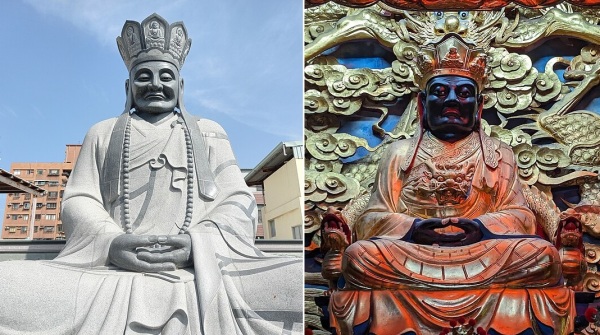 前金万兴宫清水祖师大佛像(左)；台湾澎湖县文澳祖师庙中的乌面清水祖师像(右)。