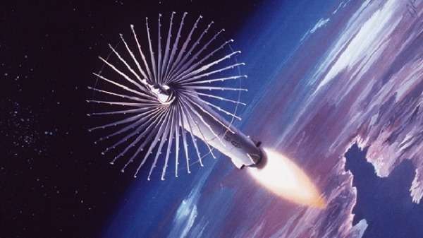 一位藝術家對未來反衛星武器的想像，該武器能夠利用其「圓鋸」伸展部分摧毀衛星。
