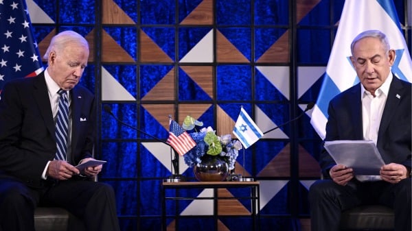 以色列总理内塔尼亚胡与美国总统拜登会谈。