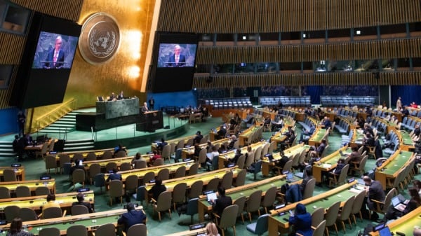 2024 年2 月7 日，聯合國秘書長安東尼奧古特雷斯(Antonio Guterres)在紐約聯合國總部大會上發表講話。