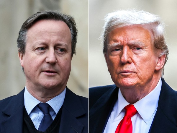 这组图片是2024年4月8日合成，显示了英国外交大臣戴维·卡梅伦（摄于2024年3月11日，伦敦）和前美国总统唐纳德·川普