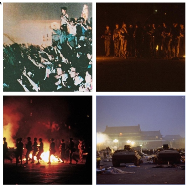 1989年6月4日凌晨，士兵在天安门广场准备清场（合成图：原图来自六四档案照）