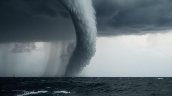 龙卷风将水一起带向天空，形成水天相连、高达千米的水柱，俗称“龙吸水”
