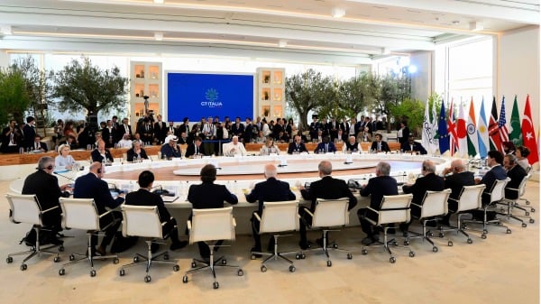 刚在意大利结束的G7峰会于6月14日发表联合声明。该声明从至少六个方面明确了对中共的强硬立场。（图片来源：Vatican Media via Vatican Pool/Getty Images）