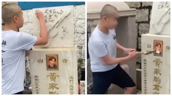 最近網上傳出一段影片，一位光頭男子闖入墓園，手持鈍器破壞黃家駒的墓碑，引起強烈譴責。（看中國合成圖）