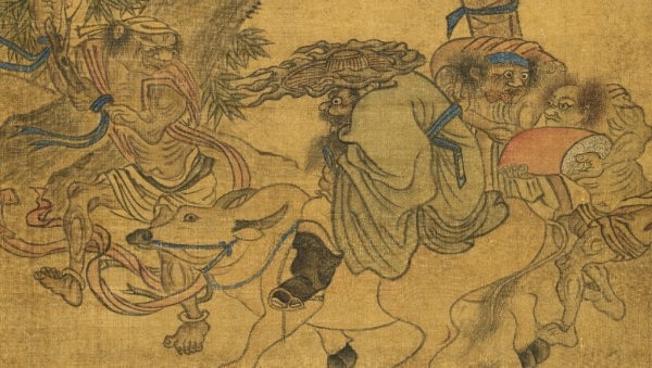 明朝李士达的〈寒林钟馗〉（局部图）。这幅画是在画钟馗戴笠骑牛，随侍鬼役四名。