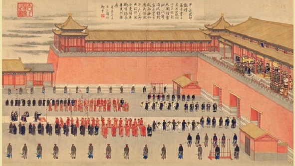 点击查看 描绘乾隆二十五年（1760年），定北将军兆惠返京向乾隆帝进献回部叛军小和卓霍集占首级及俘虏情形。(16:9) 编辑:twyishin 2024-07-17 13:11 图片来源： 公用领域 （图片来源：公有领域）